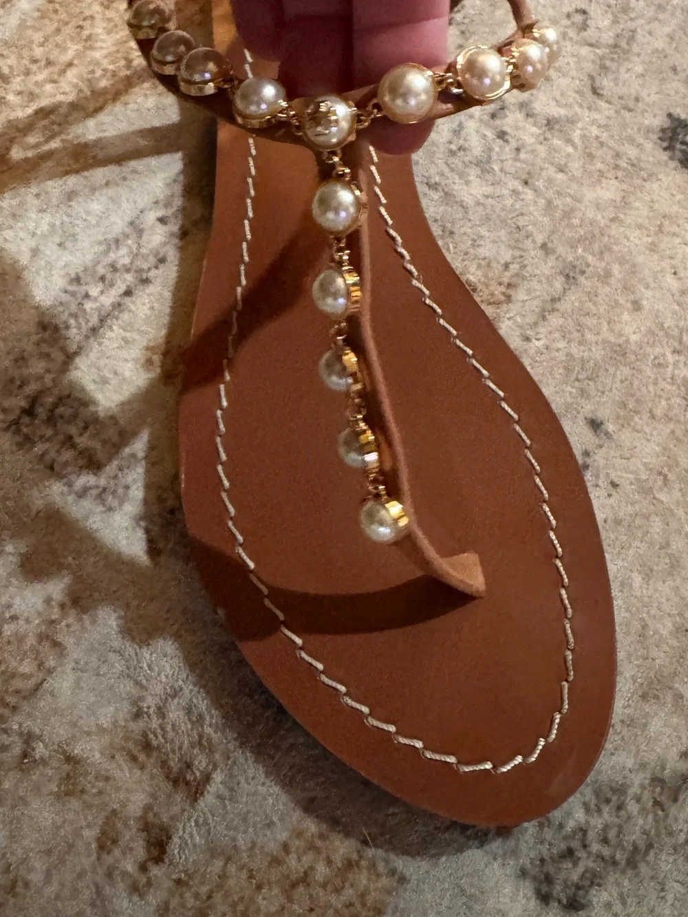 Tory Burch Brown Pearl-Embellished T-Strap Sandals